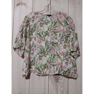 River Island‎ Shirt Ladies 16 Green Pink Floral Short Sleeve Tropical Cruise
